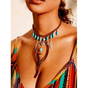 Necklace. Brown Braided Suede Cord & Tassels. Turquoise Beads. Silver Feathers.